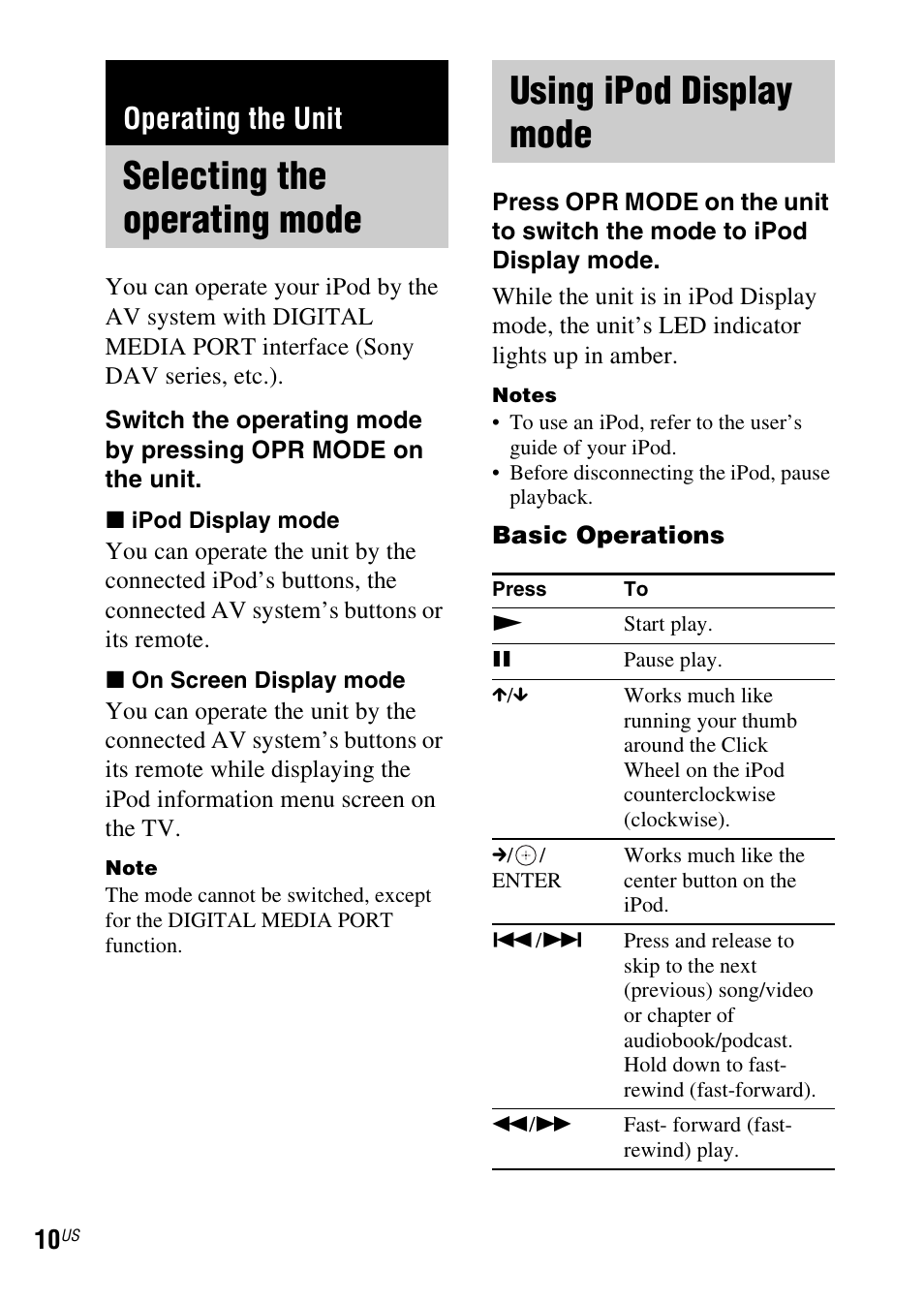 Operating the unit, Selecting the operating mode, Using ipod display mode | Selecting the operating, Mode, R (10), N (10) | Sony TDM-iP1 User Manual | Page 10 / 56