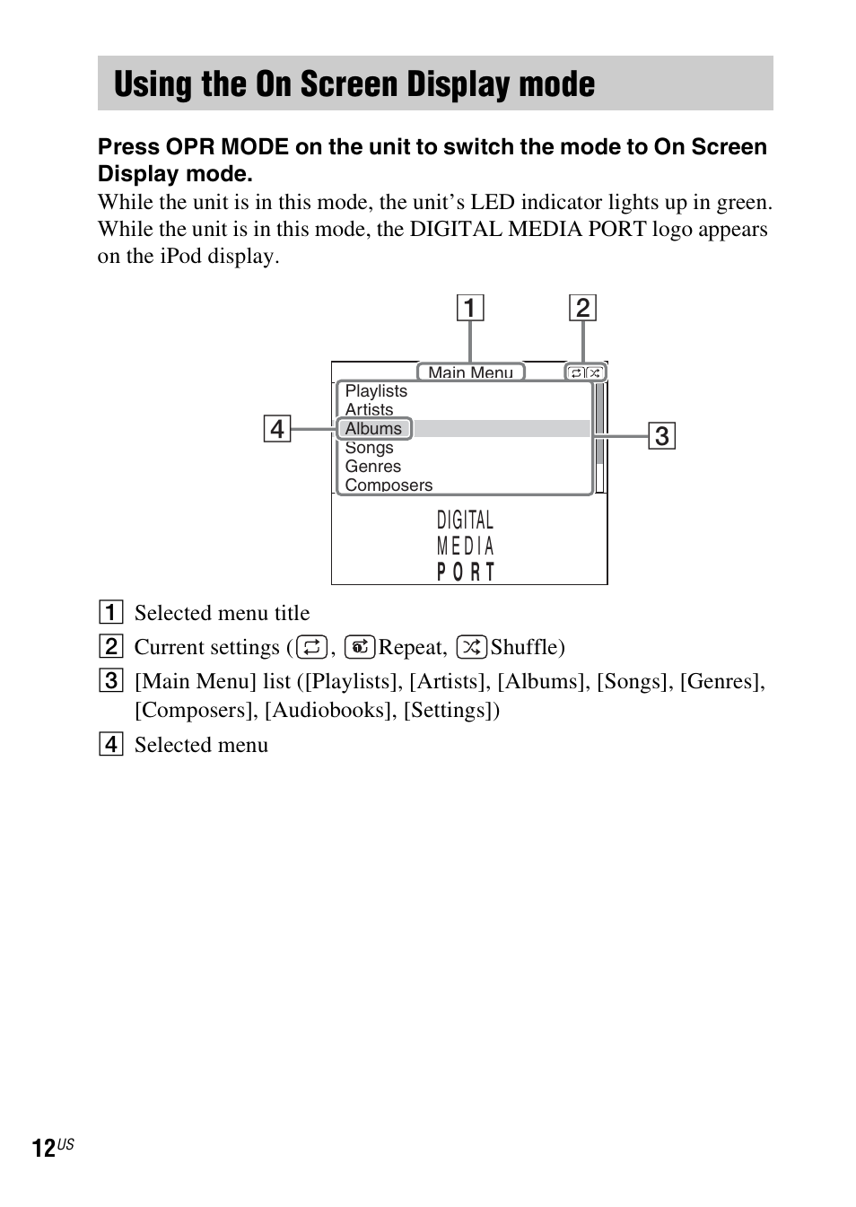 Using the on screen display mode, Using the on screen display, Mode | Sony TDM-iP1 User Manual | Page 12 / 56