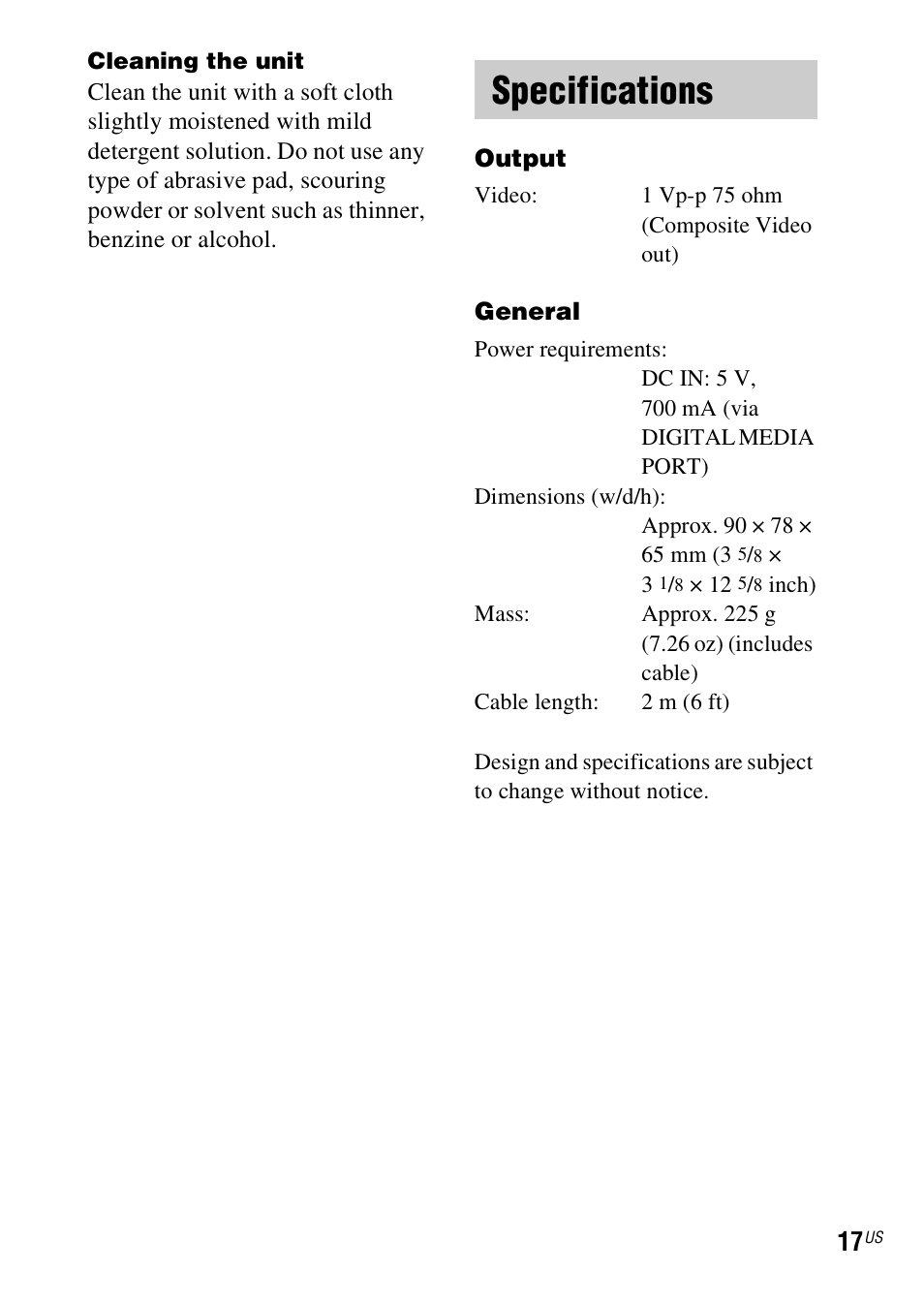 Specifications | Sony TDM-iP1 User Manual | Page 17 / 56
