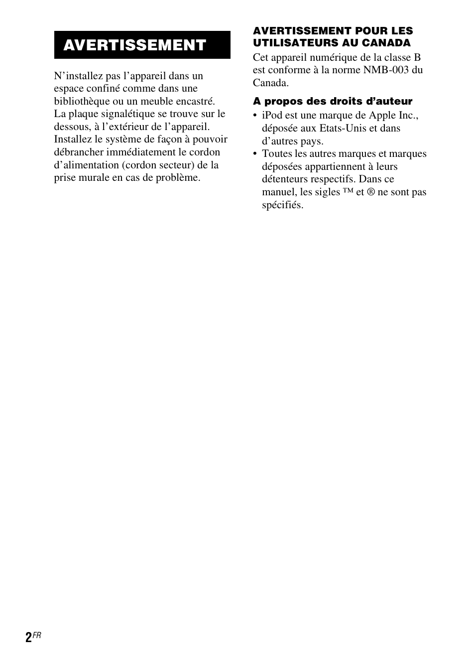 Avertissement | Sony TDM-iP1 User Manual | Page 18 / 56