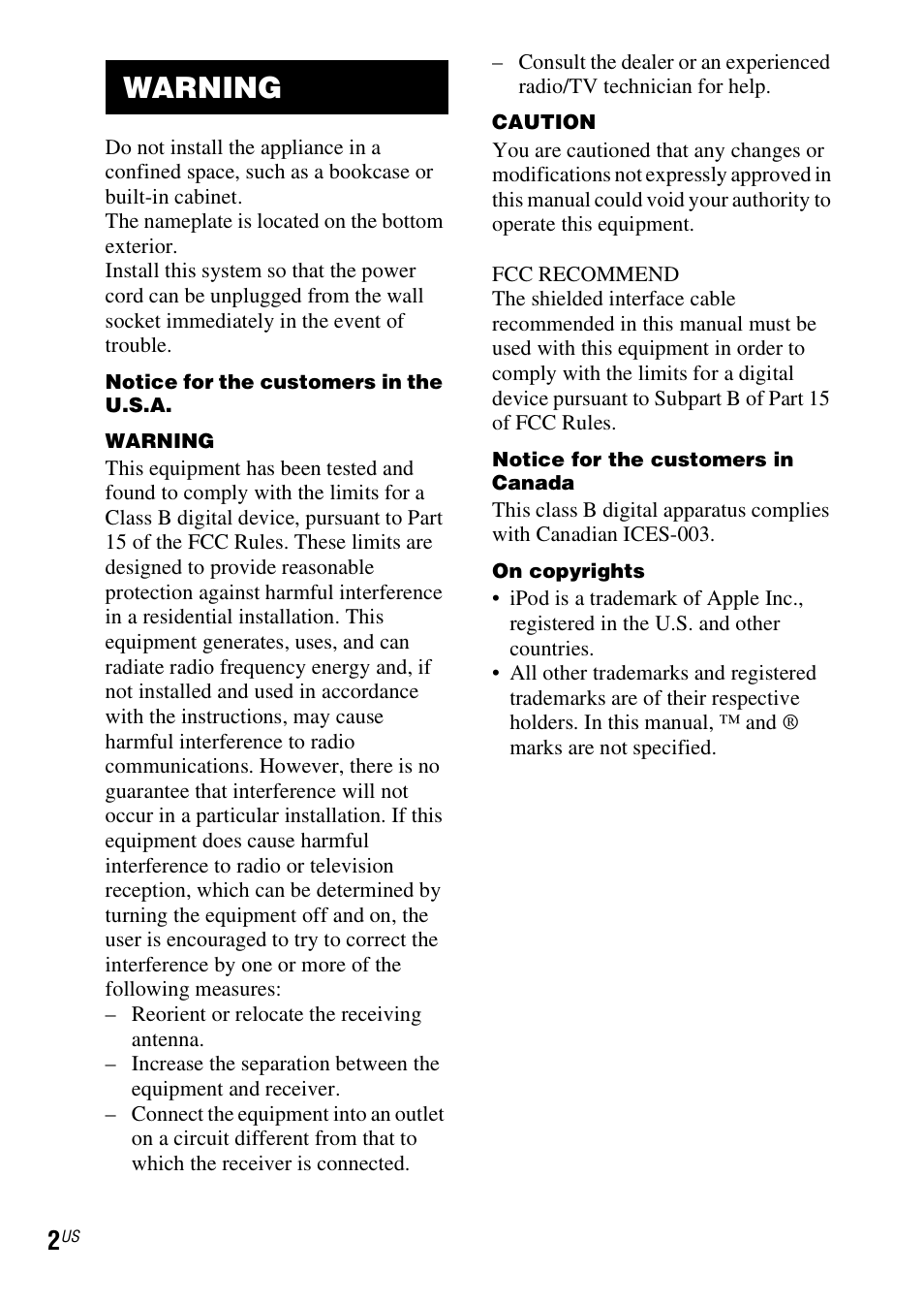 Warning | Sony TDM-iP1 User Manual | Page 2 / 56