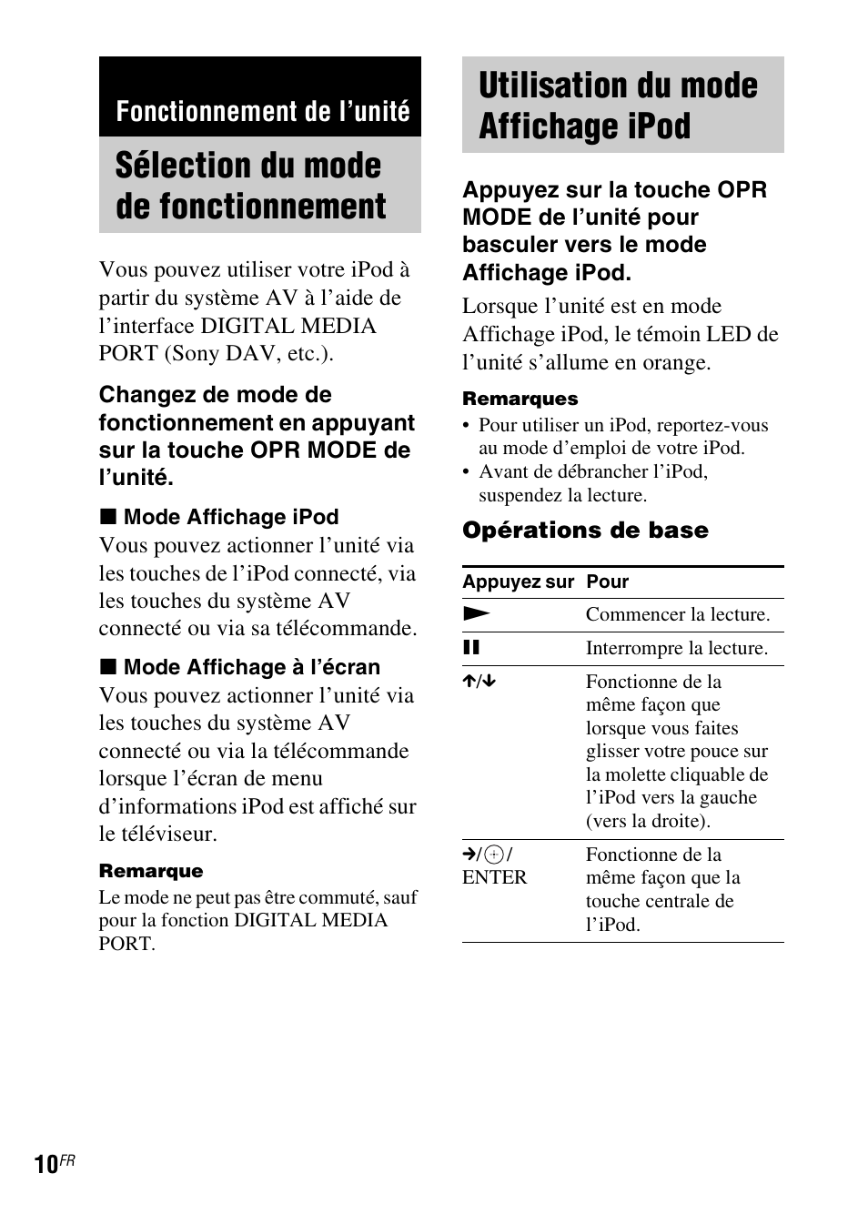 Fonctionnement de l’unité, Sélection du mode de fonctionnement, Utilisation du mode affichage ipod | Sélection du mode de, Fonctionnement, Utilisation du mode, Affichage ipod | Sony TDM-iP1 User Manual | Page 26 / 56