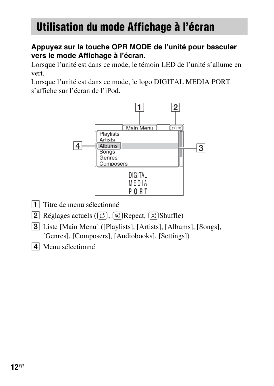 Utilisation du mode affichage à l’écran, Utilisation du mode, Affichage à l’écran | N (12) | Sony TDM-iP1 User Manual | Page 28 / 56