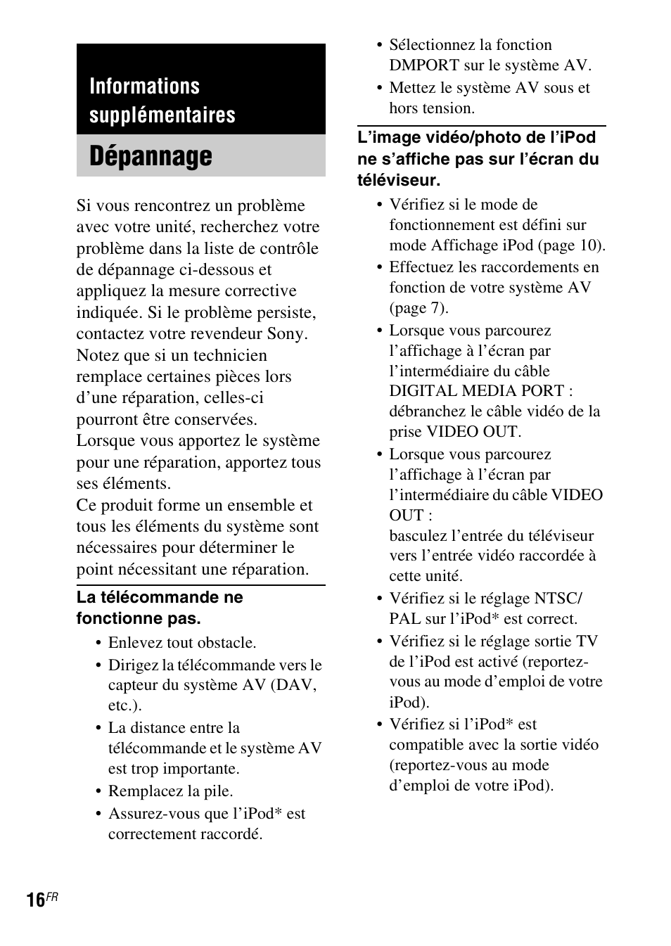Informations supplémentaires, Dépannage | Sony TDM-iP1 User Manual | Page 32 / 56