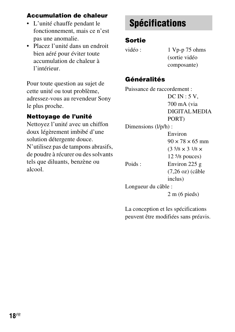 Spécifications | Sony TDM-iP1 User Manual | Page 34 / 56