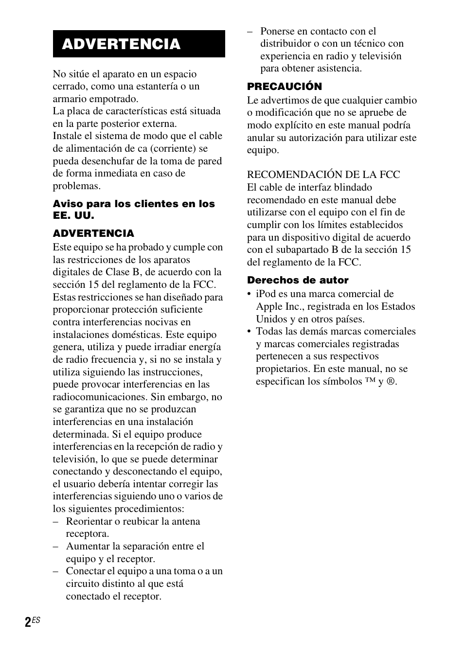 Advertencia | Sony TDM-iP1 User Manual | Page 36 / 56