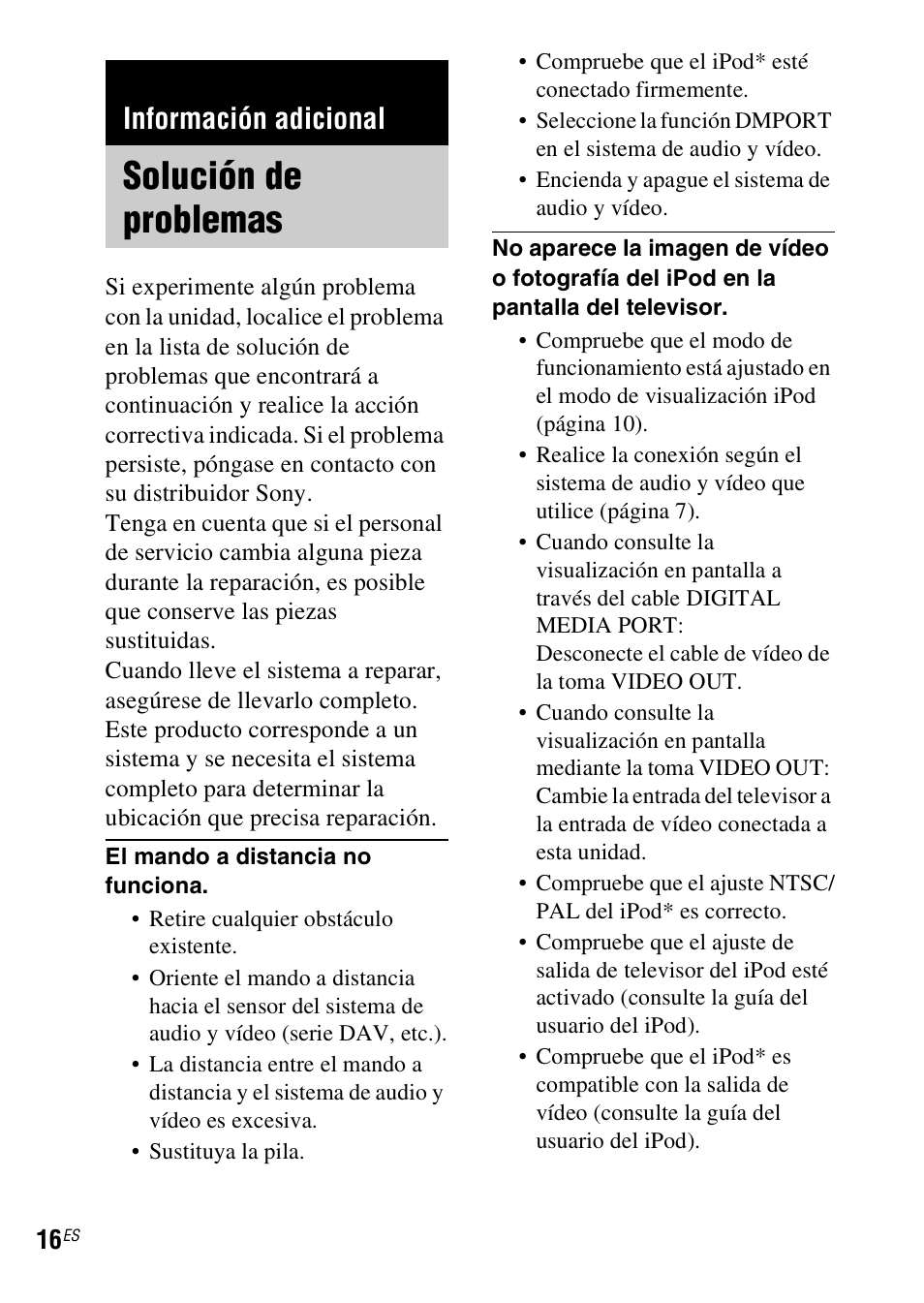 Información adicional, Solución de problemas | Sony TDM-iP1 User Manual | Page 50 / 56