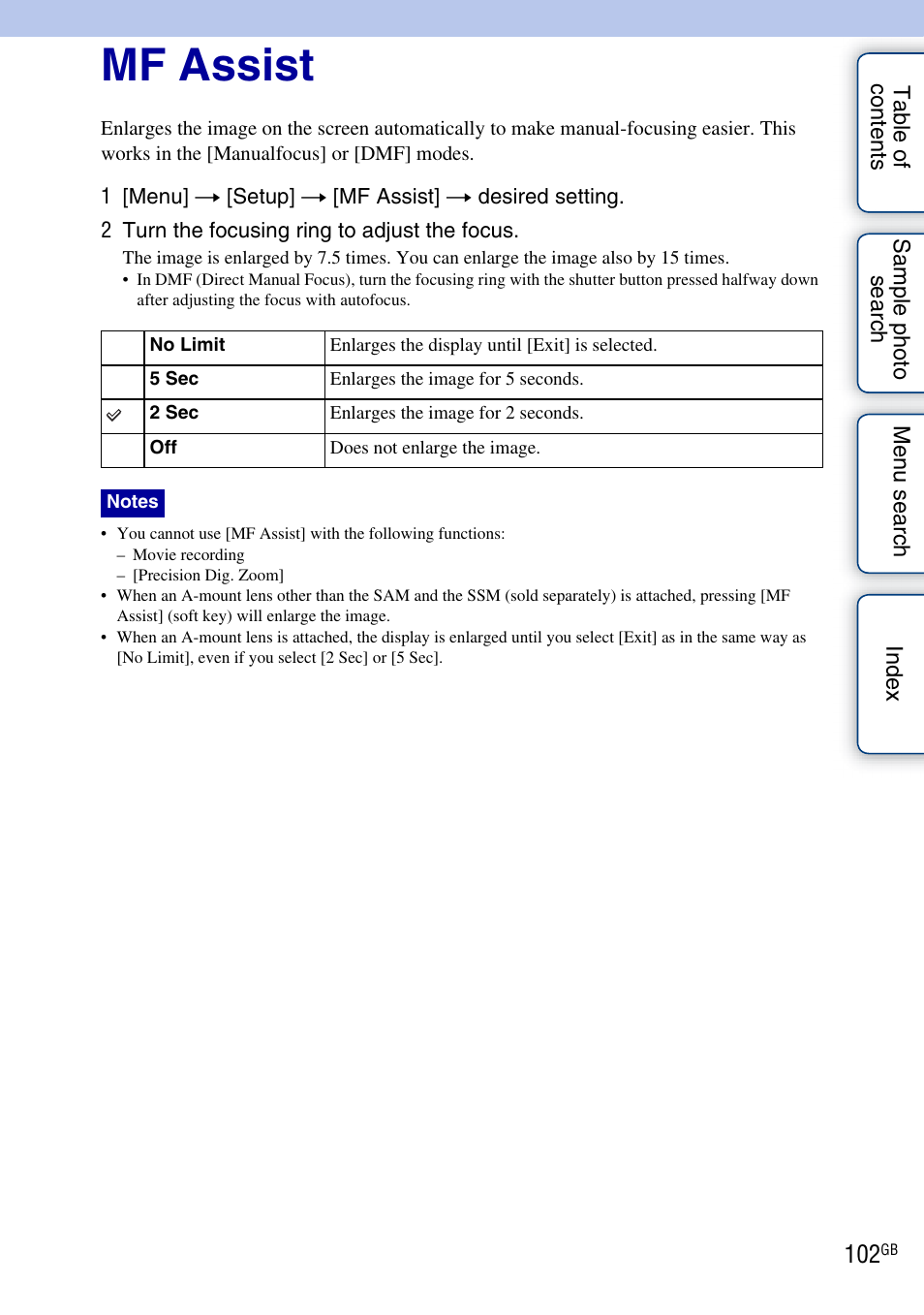 Mf assist | Sony NEX-C3A User Manual | Page 102 / 170