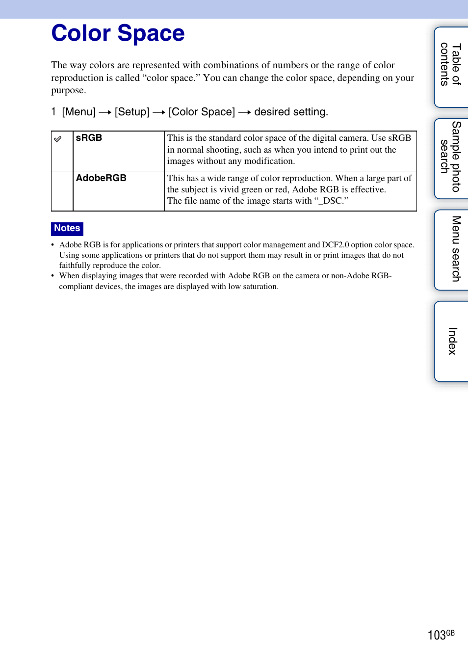 Color space | Sony NEX-C3A User Manual | Page 103 / 170