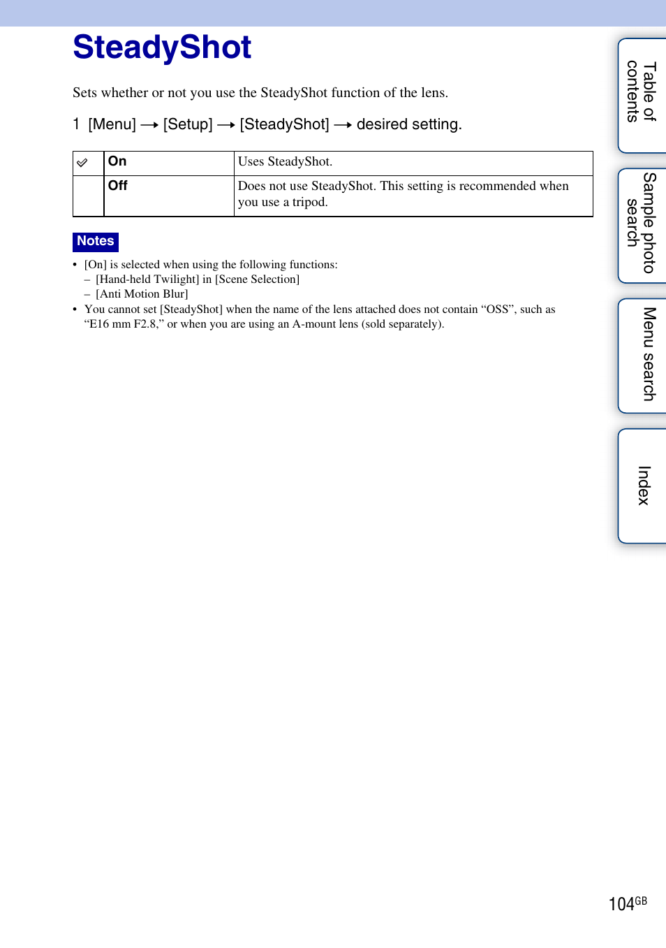 Steadyshot | Sony NEX-C3A User Manual | Page 104 / 170