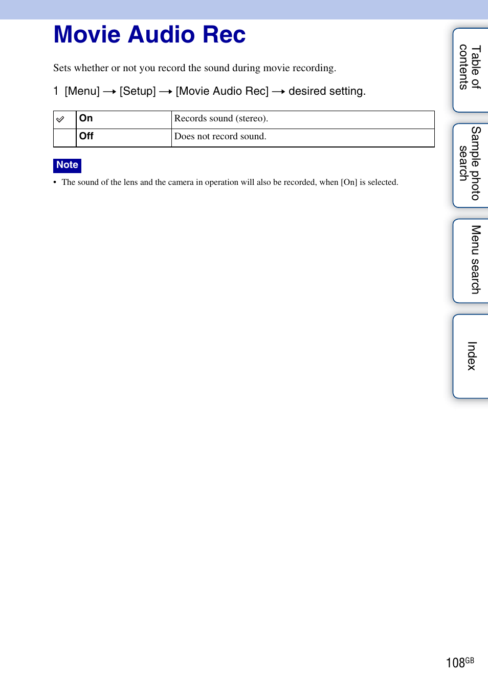 Movie audio rec | Sony NEX-C3A User Manual | Page 108 / 170