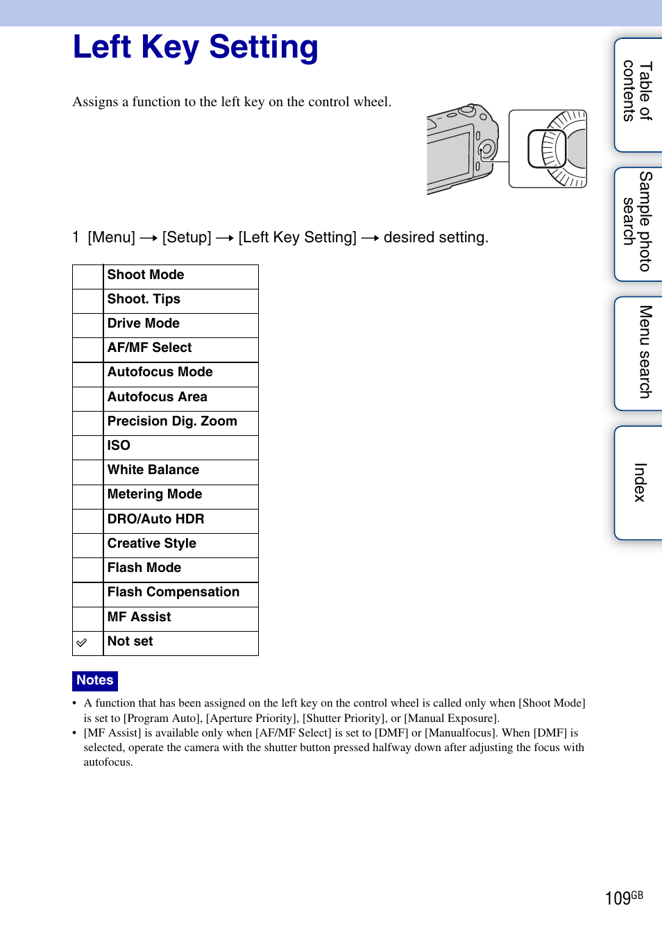 Left key setting | Sony NEX-C3A User Manual | Page 109 / 170