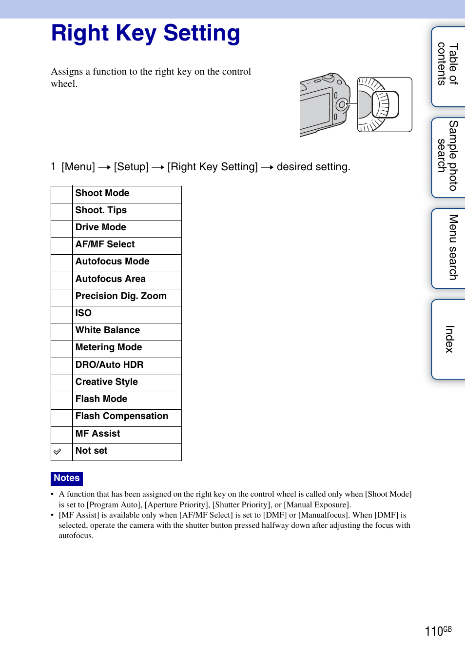 Right key setting | Sony NEX-C3A User Manual | Page 110 / 170