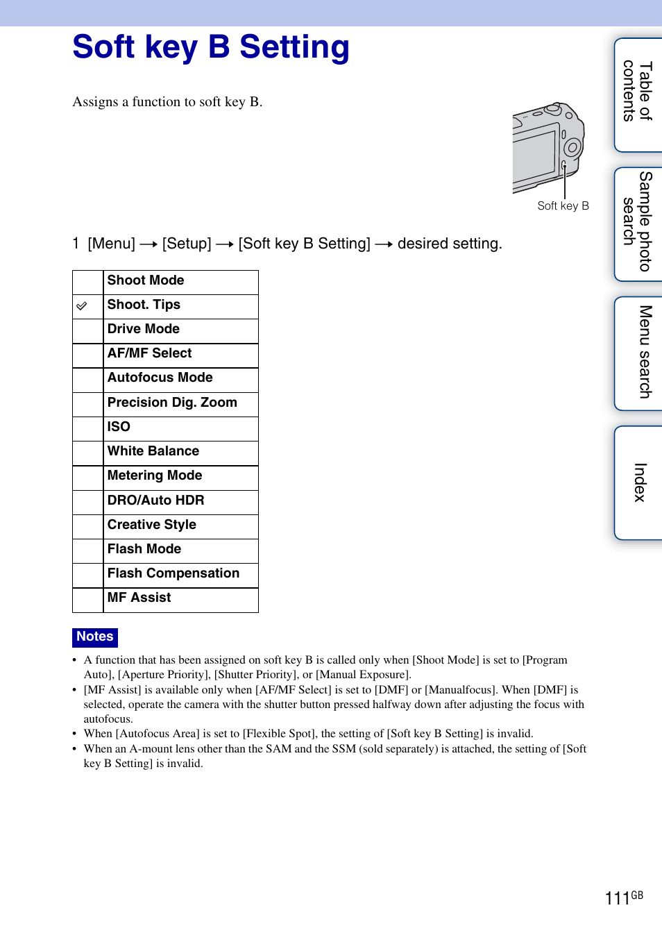 Soft key b setting | Sony NEX-C3A User Manual | Page 111 / 170