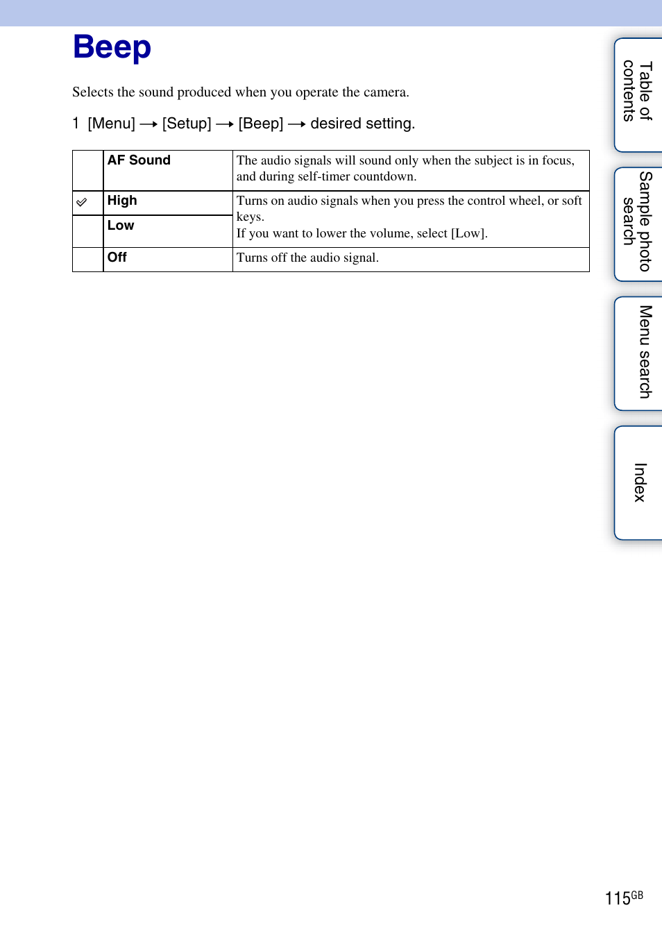 Beep | Sony NEX-C3A User Manual | Page 115 / 170