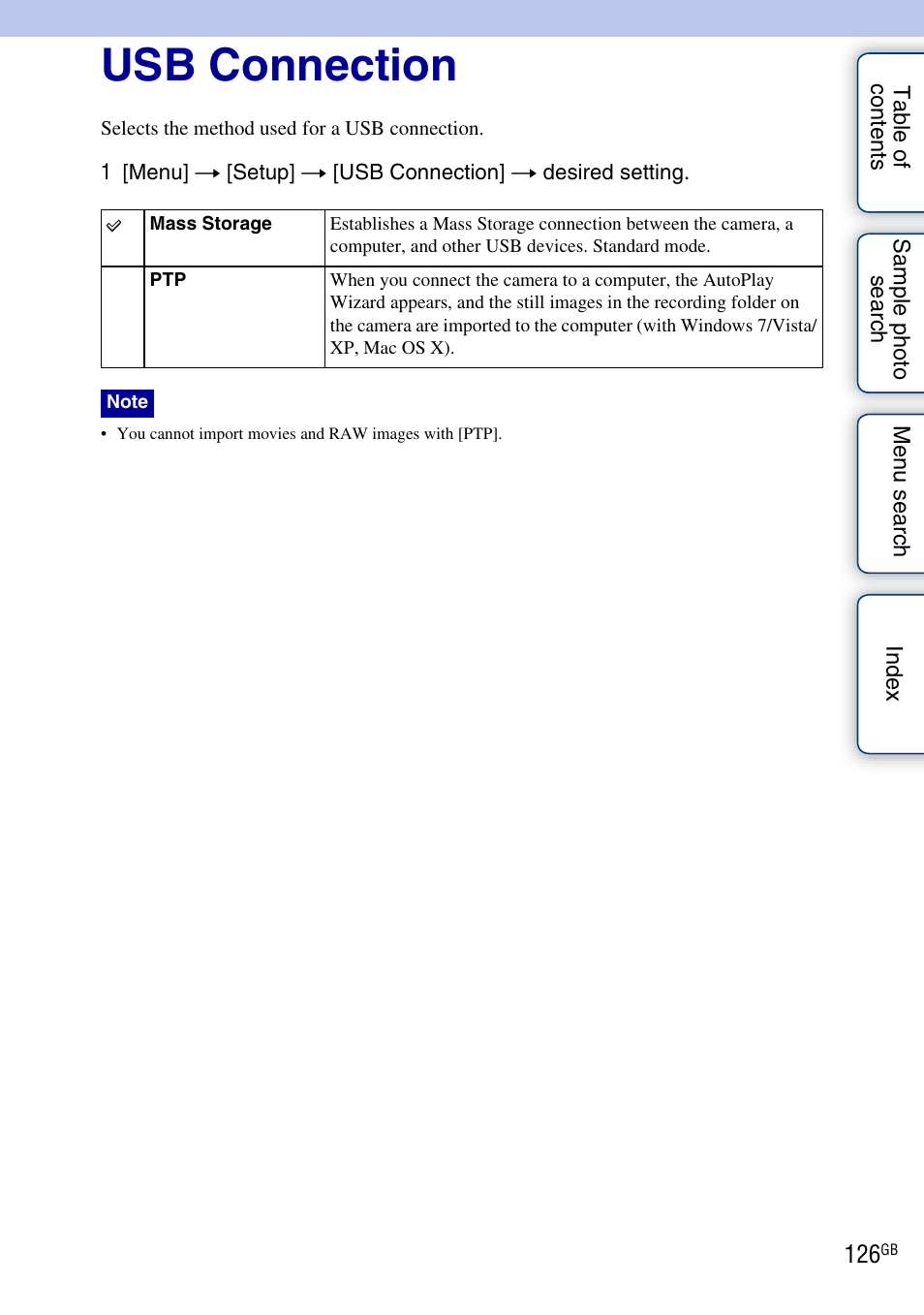 Usb connection | Sony NEX-C3A User Manual | Page 126 / 170