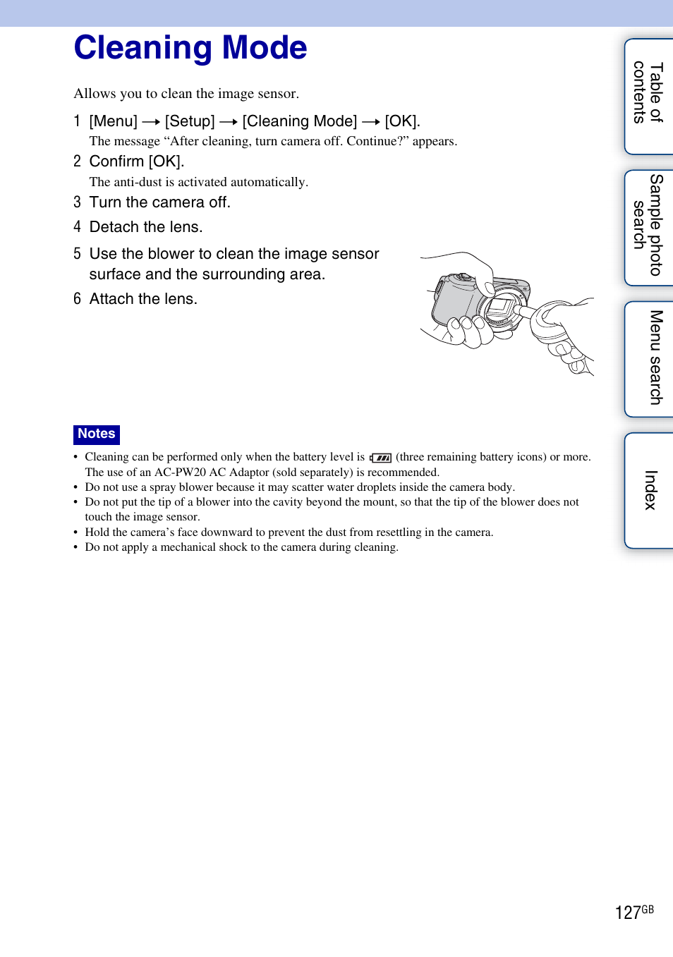 Cleaning mode | Sony NEX-C3A User Manual | Page 127 / 170