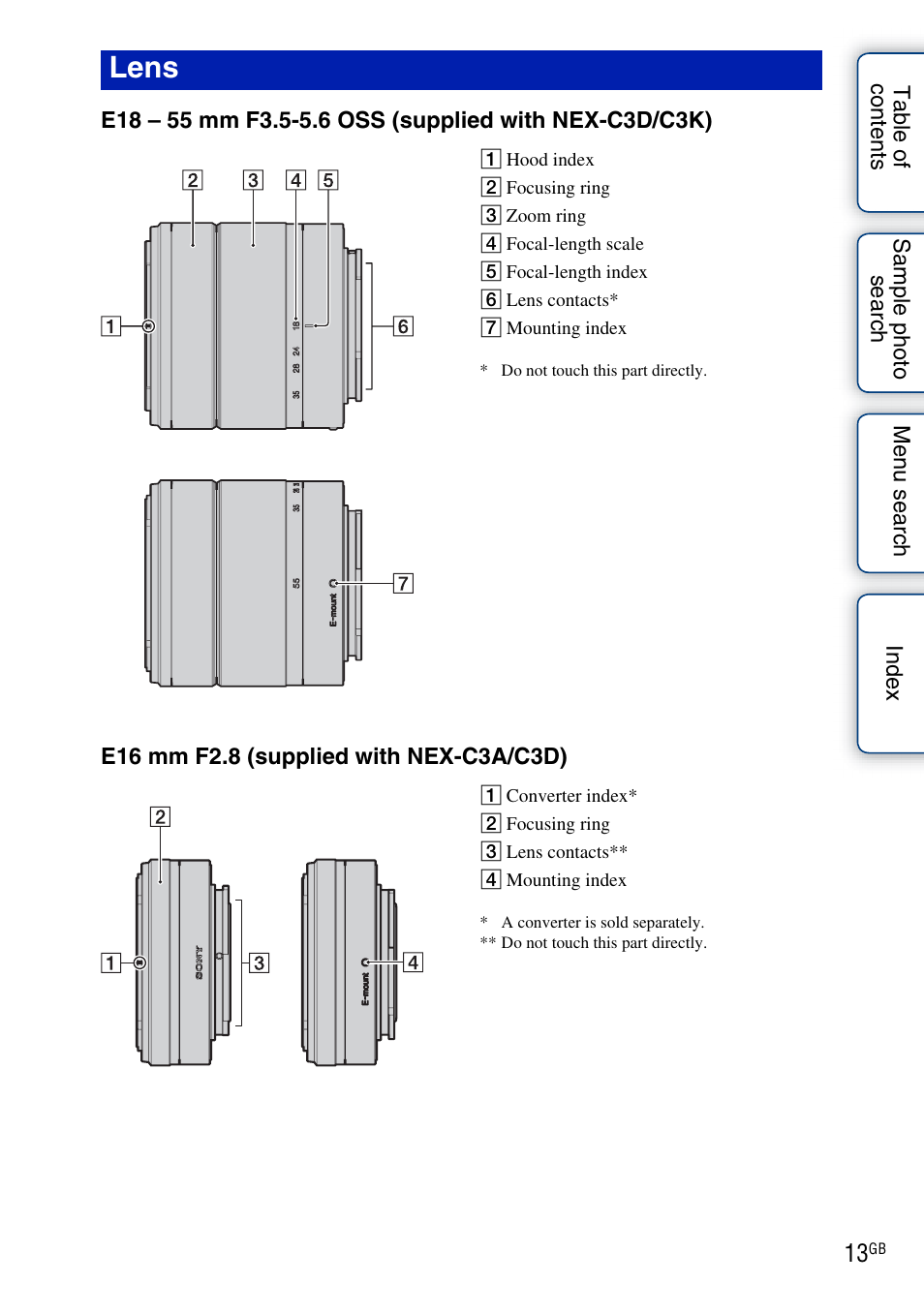 Lens | Sony NEX-C3A User Manual | Page 13 / 170