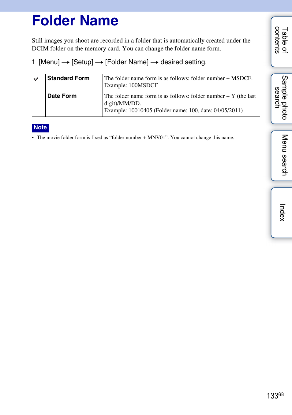 Folder name | Sony NEX-C3A User Manual | Page 133 / 170