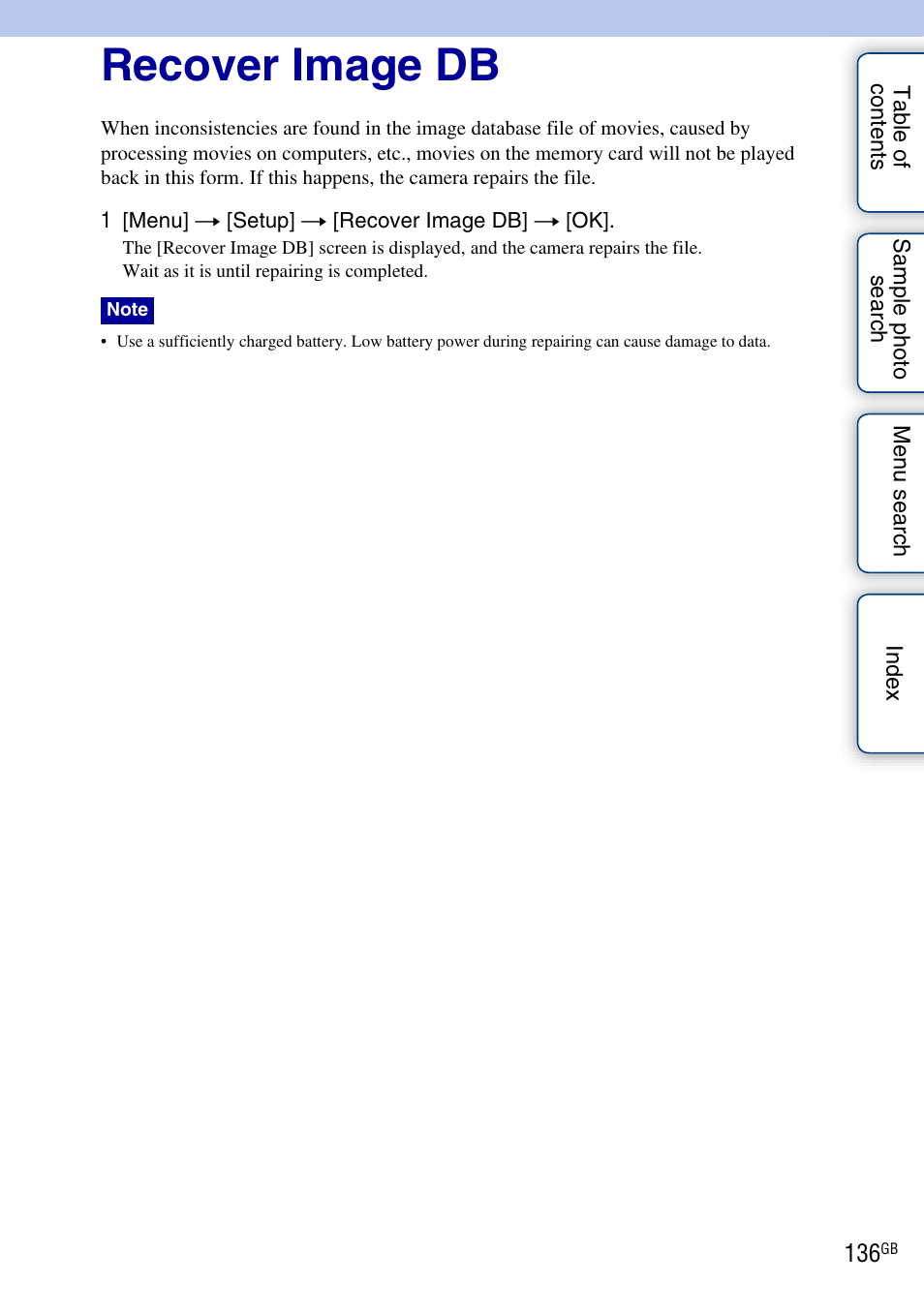 Recover image db | Sony NEX-C3A User Manual | Page 136 / 170