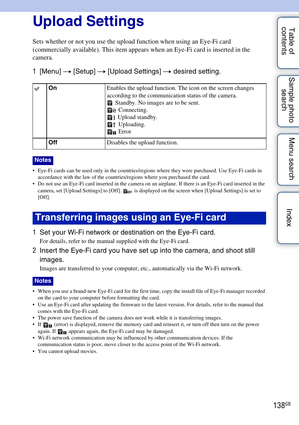 Upload settings, Transferring images using an eye-fi card | Sony NEX-C3A User Manual | Page 138 / 170