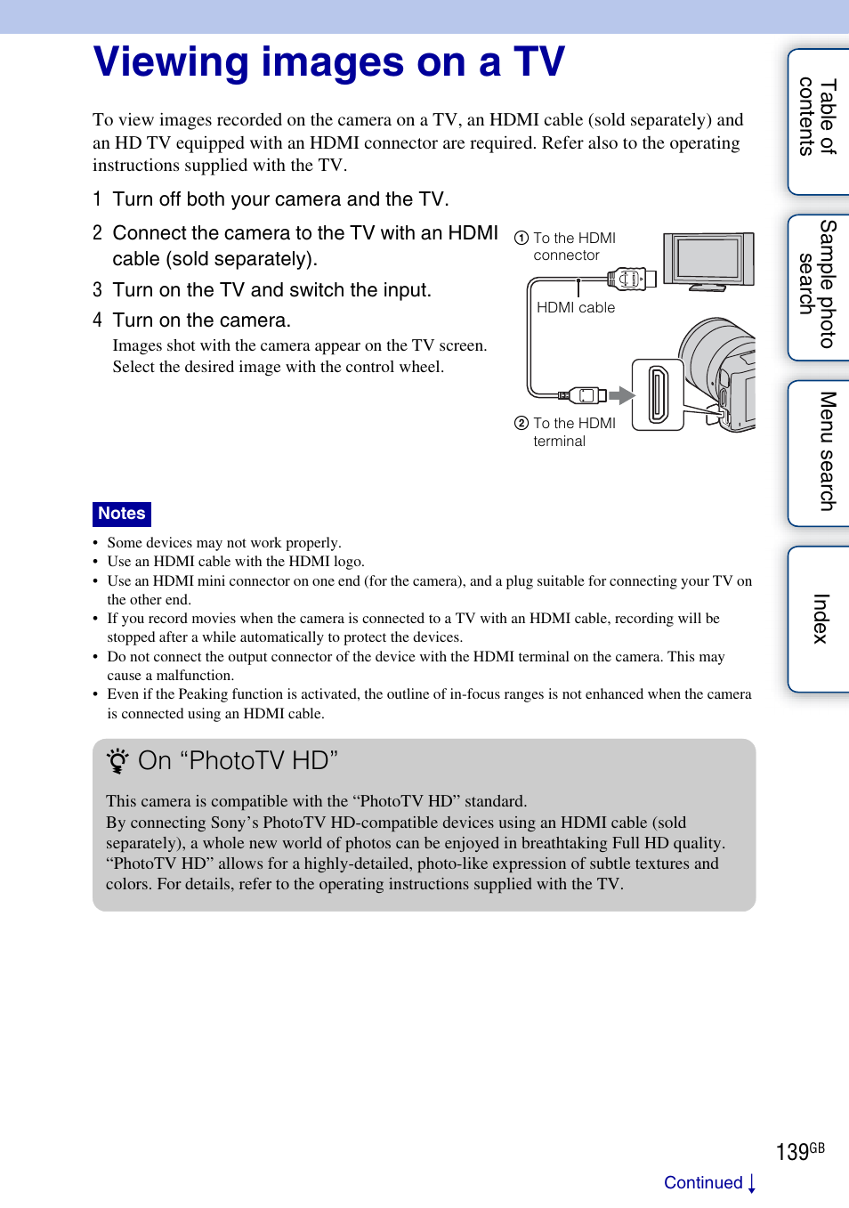 Viewing images on a tv, Connecting with other equipment, On “phototv hd | Sony NEX-C3A User Manual | Page 139 / 170