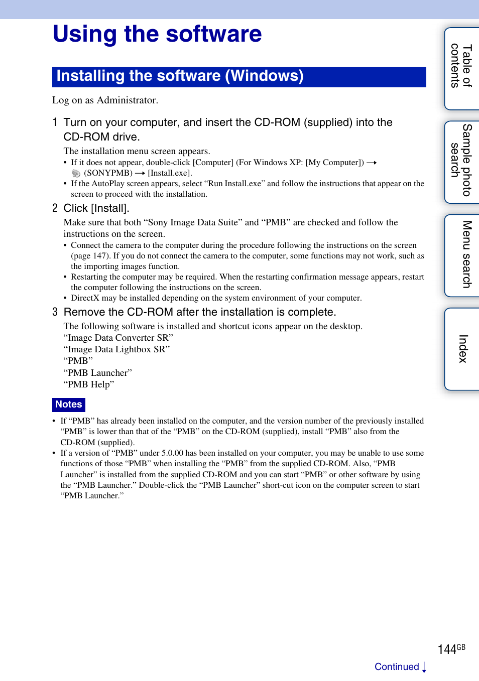 Using the software, Installing the software (windows) | Sony NEX-C3A User Manual | Page 144 / 170