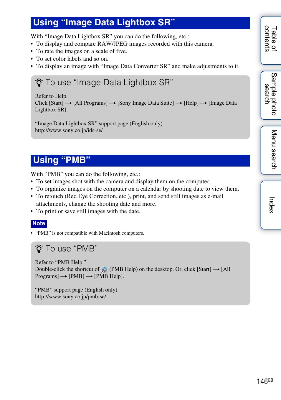 Using “image data lightbox sr” using “pmb | Sony NEX-C3A User Manual | Page 146 / 170
