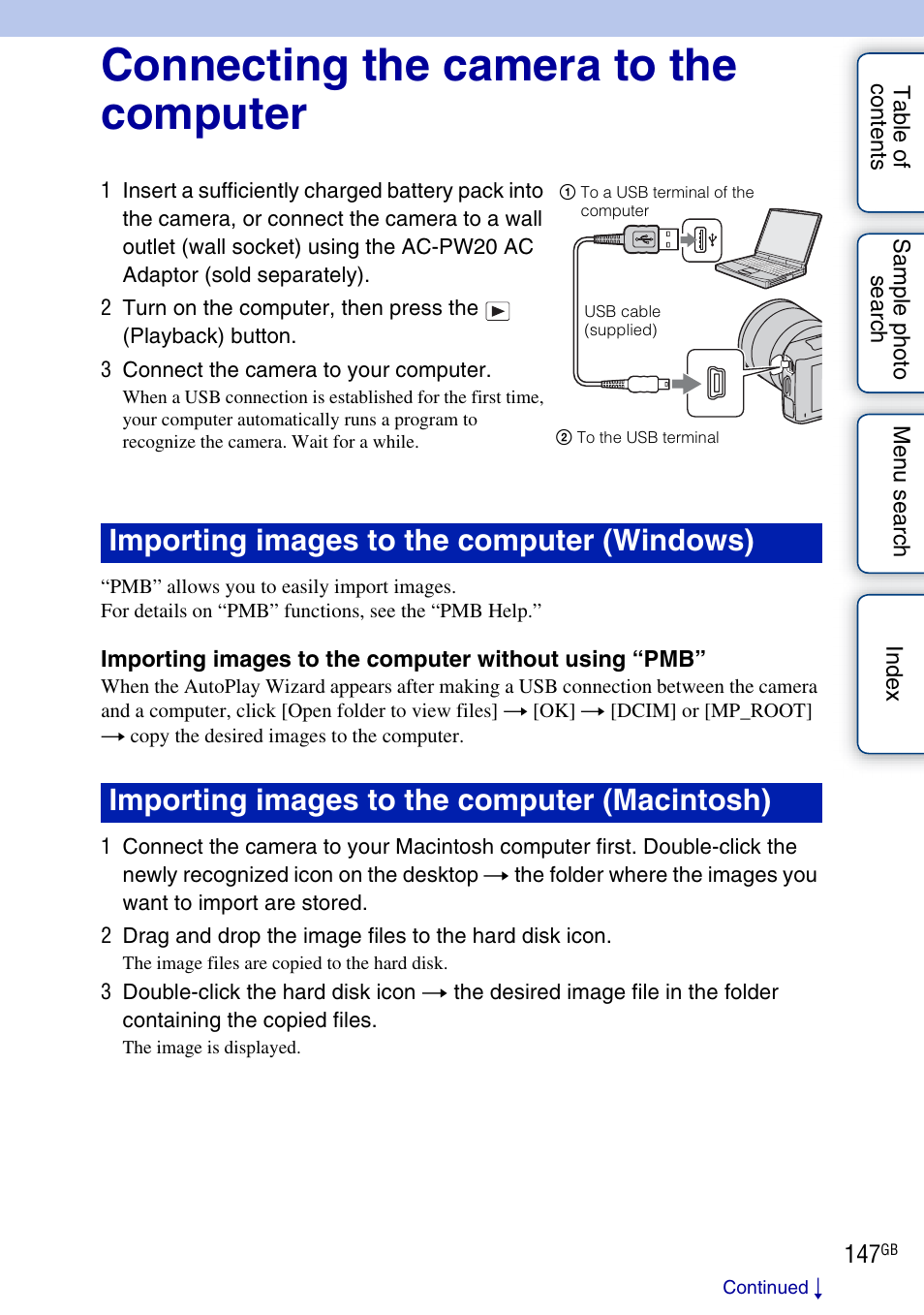 Connecting the camera to the computer, Rminal (147), 147). if yo | Sony NEX-C3A User Manual | Page 147 / 170