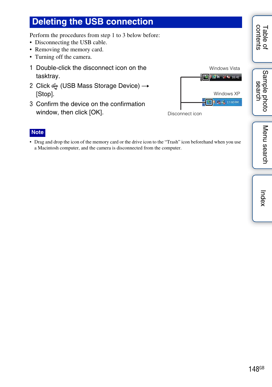 Deleting the usb connection | Sony NEX-C3A User Manual | Page 148 / 170