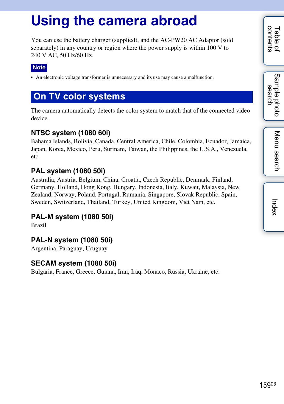 Using the camera abroad, Others, On tv color systems | Sony NEX-C3A User Manual | Page 159 / 170