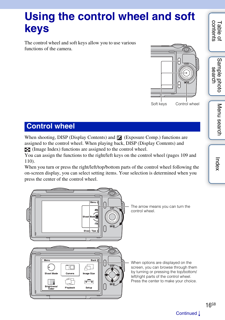 Using the control wheel and soft keys, Basic operations, Control wheel | Sony NEX-C3A User Manual | Page 16 / 170