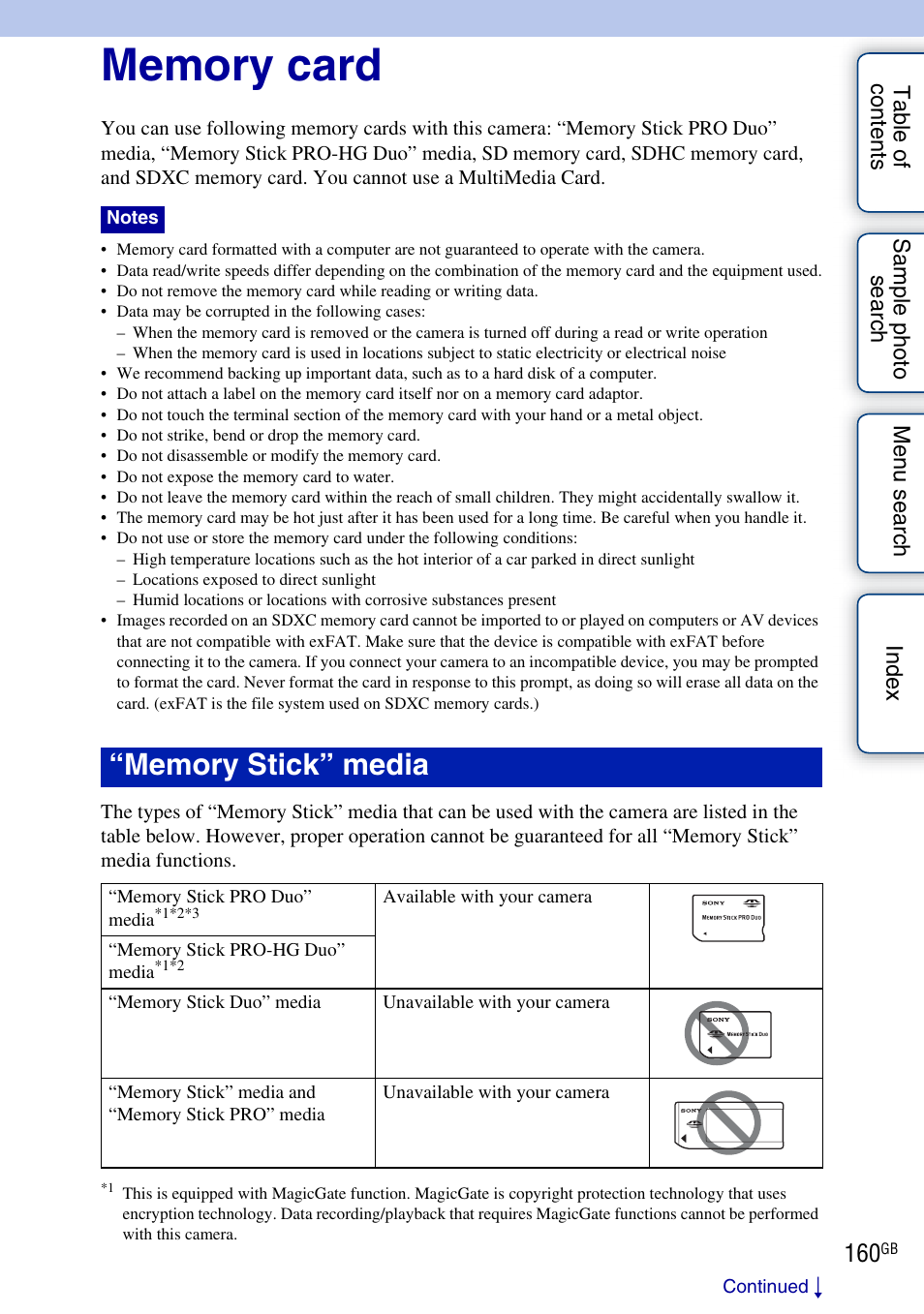 Memory card | Sony NEX-C3A User Manual | Page 160 / 170