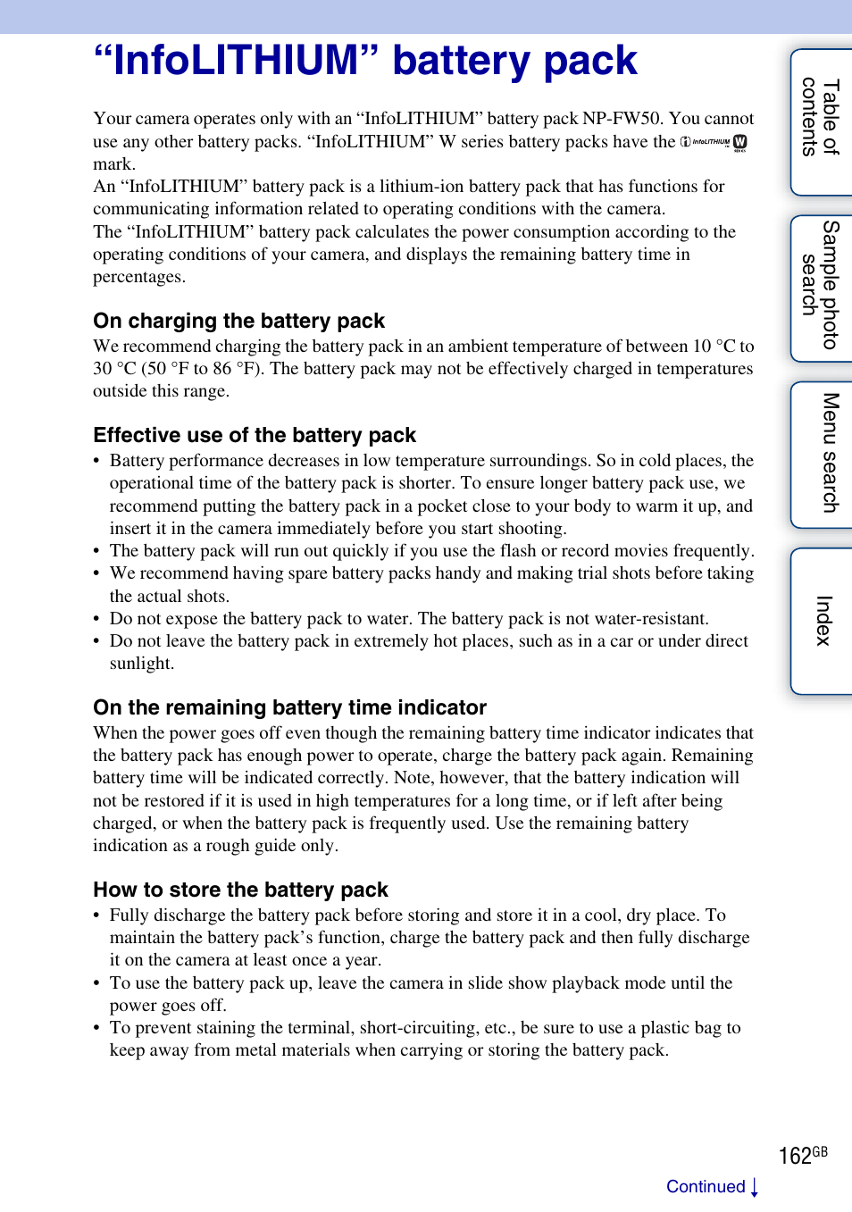 Infolithium” battery pack | Sony NEX-C3A User Manual | Page 162 / 170