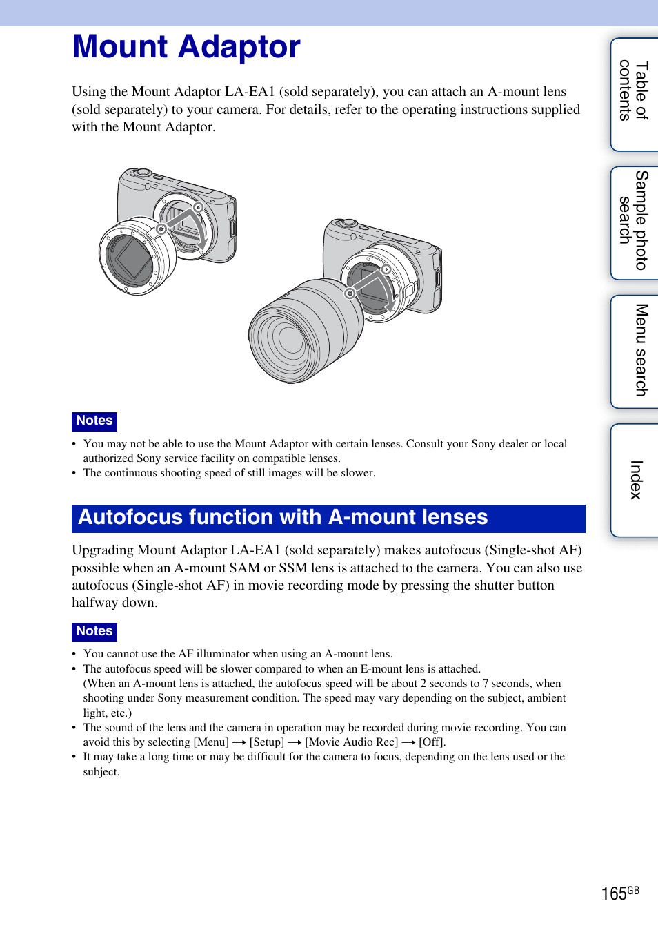 Mount adaptor, Autofocus function with a-mount lenses | Sony NEX-C3A User Manual | Page 165 / 170