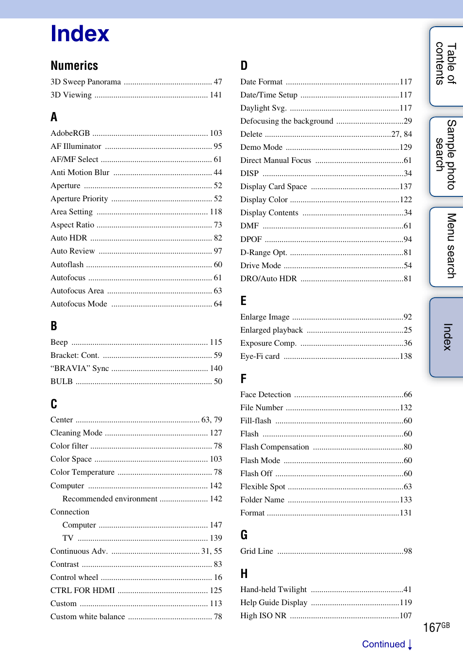 Index, Numerics | Sony NEX-C3A User Manual | Page 167 / 170