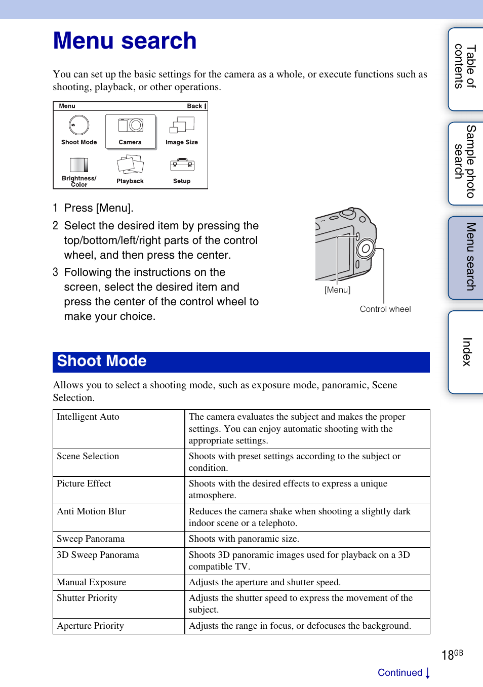 Menu search, Search, Using functions in the menu | Shoot mode | Sony NEX-C3A User Manual | Page 18 / 170