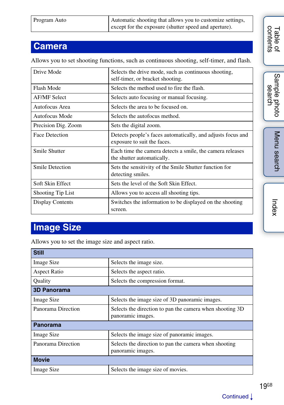 Camera, Image size | Sony NEX-C3A User Manual | Page 19 / 170