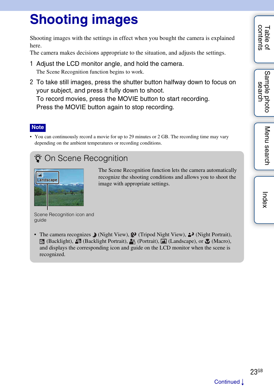 Shooting images, N (23), On scene recognition | Sony NEX-C3A User Manual | Page 23 / 170