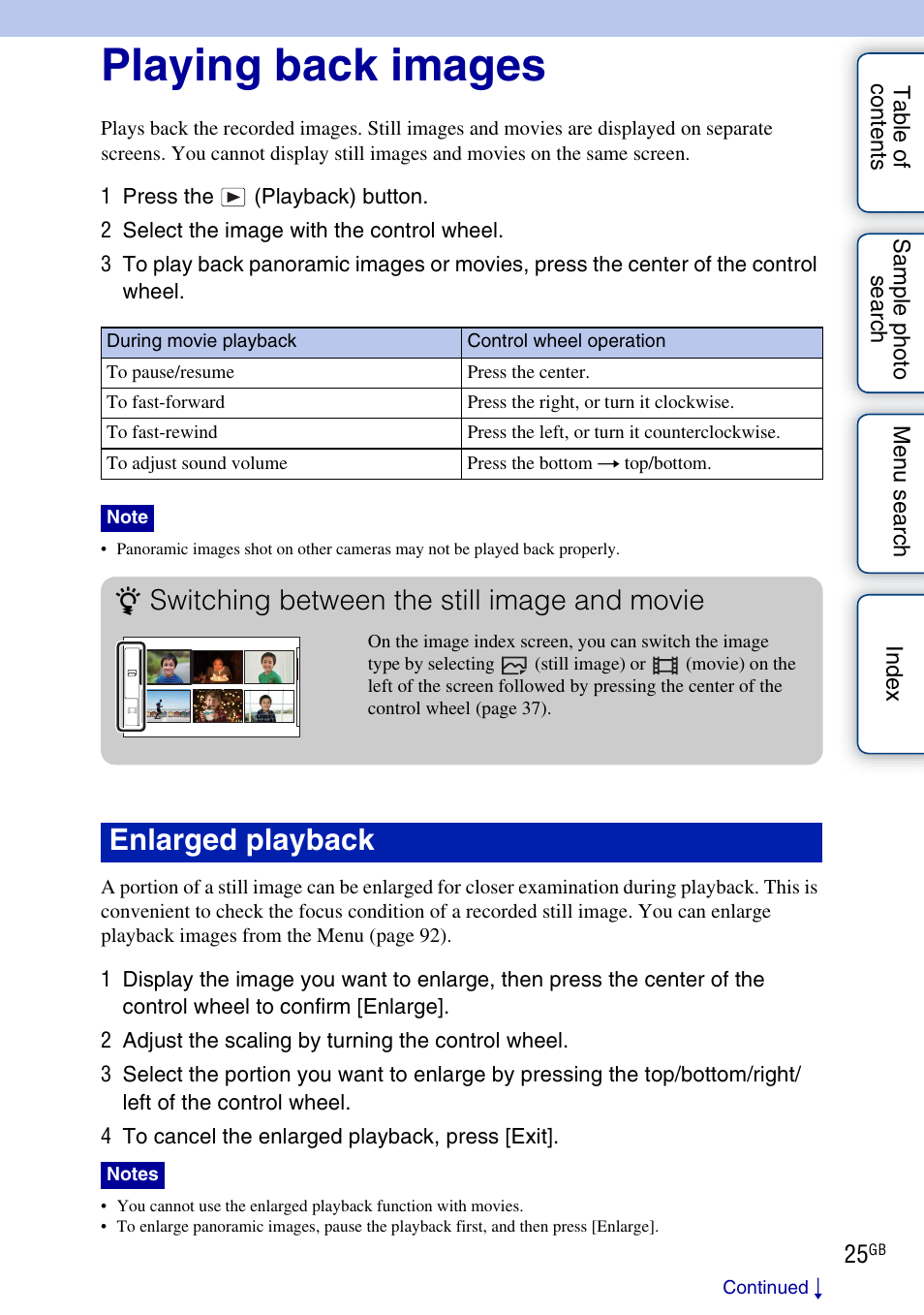Playing back images, Enlarged playback, Switching between the still image and movie | Sony NEX-C3A User Manual | Page 25 / 170