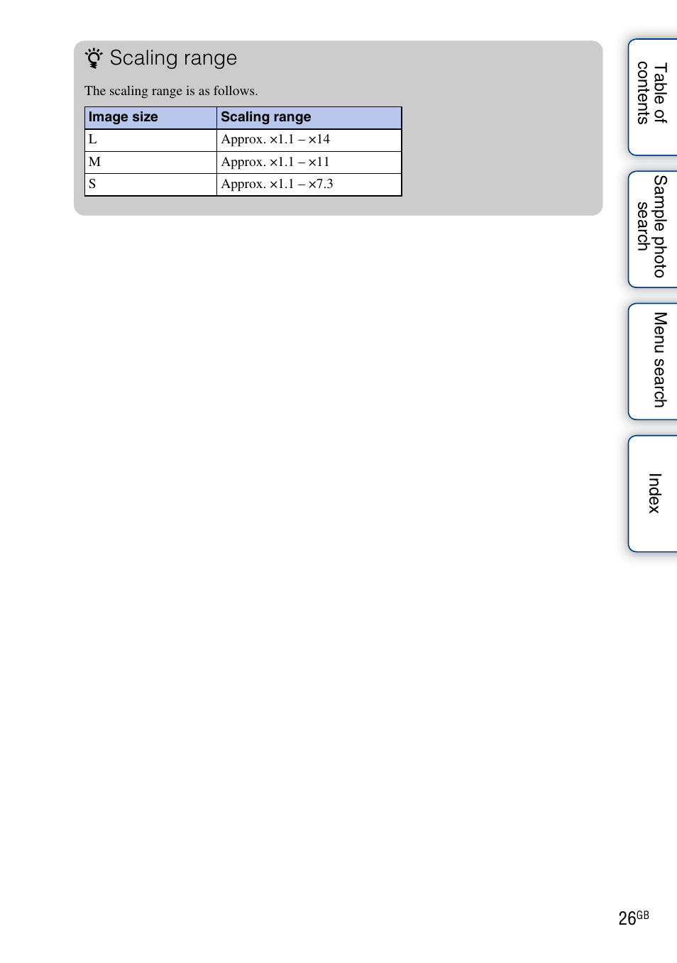 Scaling range | Sony NEX-C3A User Manual | Page 26 / 170