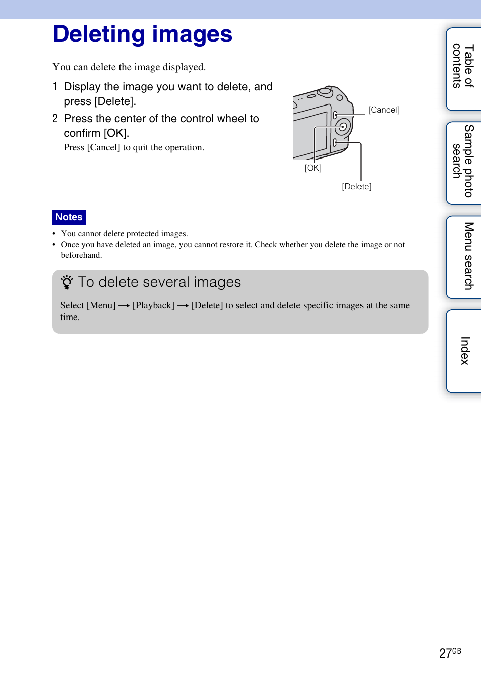 Deleting images | Sony NEX-C3A User Manual | Page 27 / 170