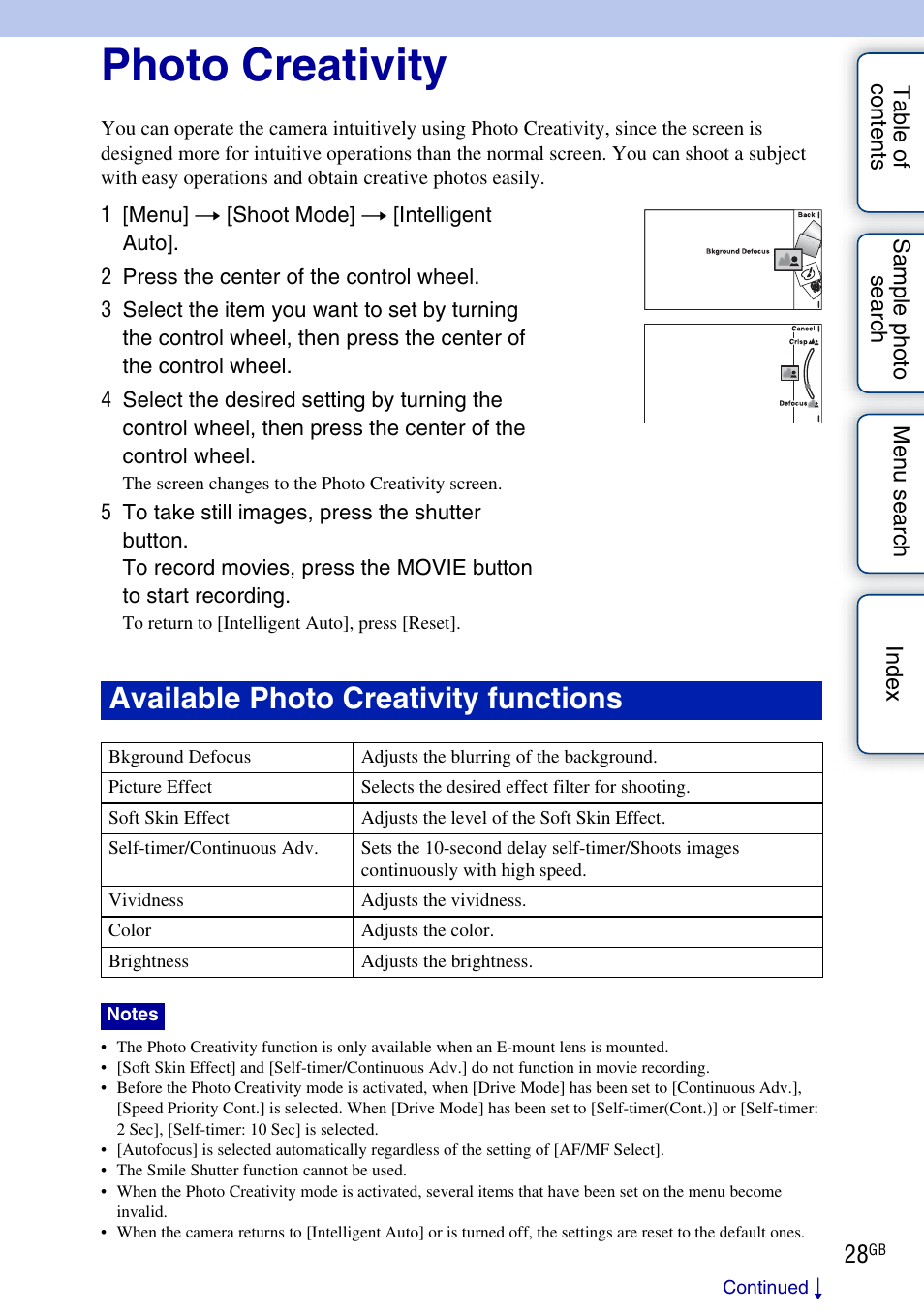 Photo creativity, Available photo creativity functions | Sony NEX-C3A User Manual | Page 28 / 170