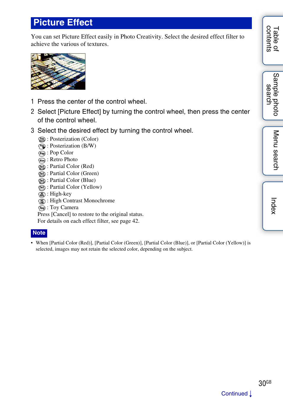 Picture effect | Sony NEX-C3A User Manual | Page 30 / 170