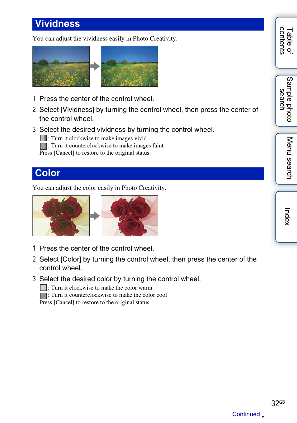 Vividness color | Sony NEX-C3A User Manual | Page 32 / 170