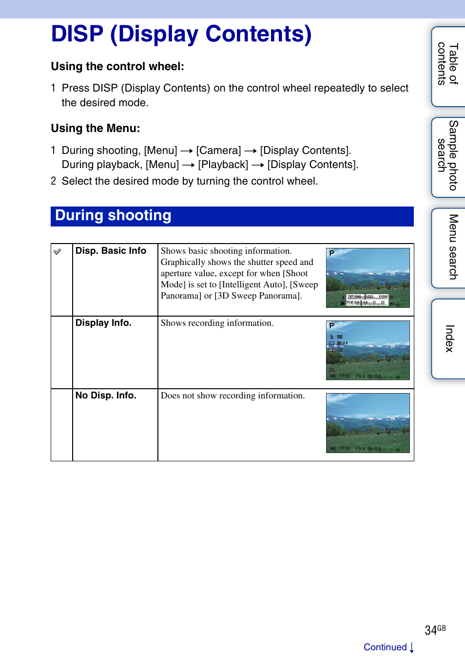 Disp (display contents), Using functions with the control wheel, Display contents | During shooting | Sony NEX-C3A User Manual | Page 34 / 170