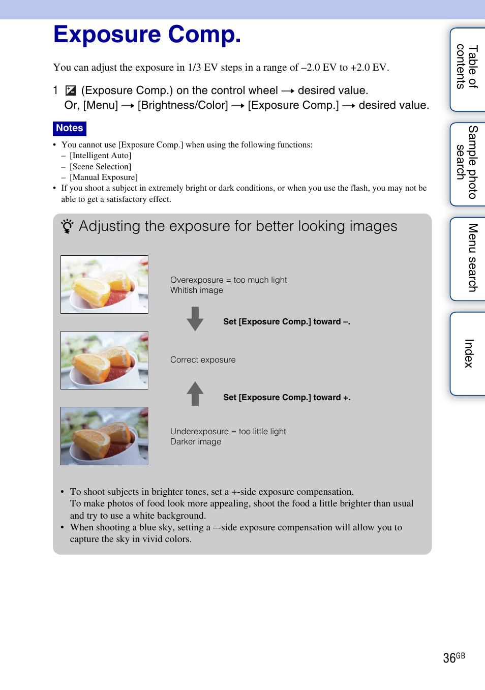 Exposure comp, S (36), Adjusting the exposure for better looking images | Sony NEX-C3A User Manual | Page 36 / 170