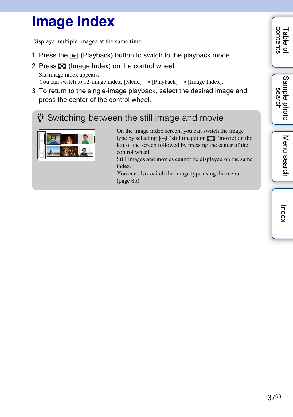 Image index, Switching between the still image and movie | Sony NEX-C3A User Manual | Page 37 / 170