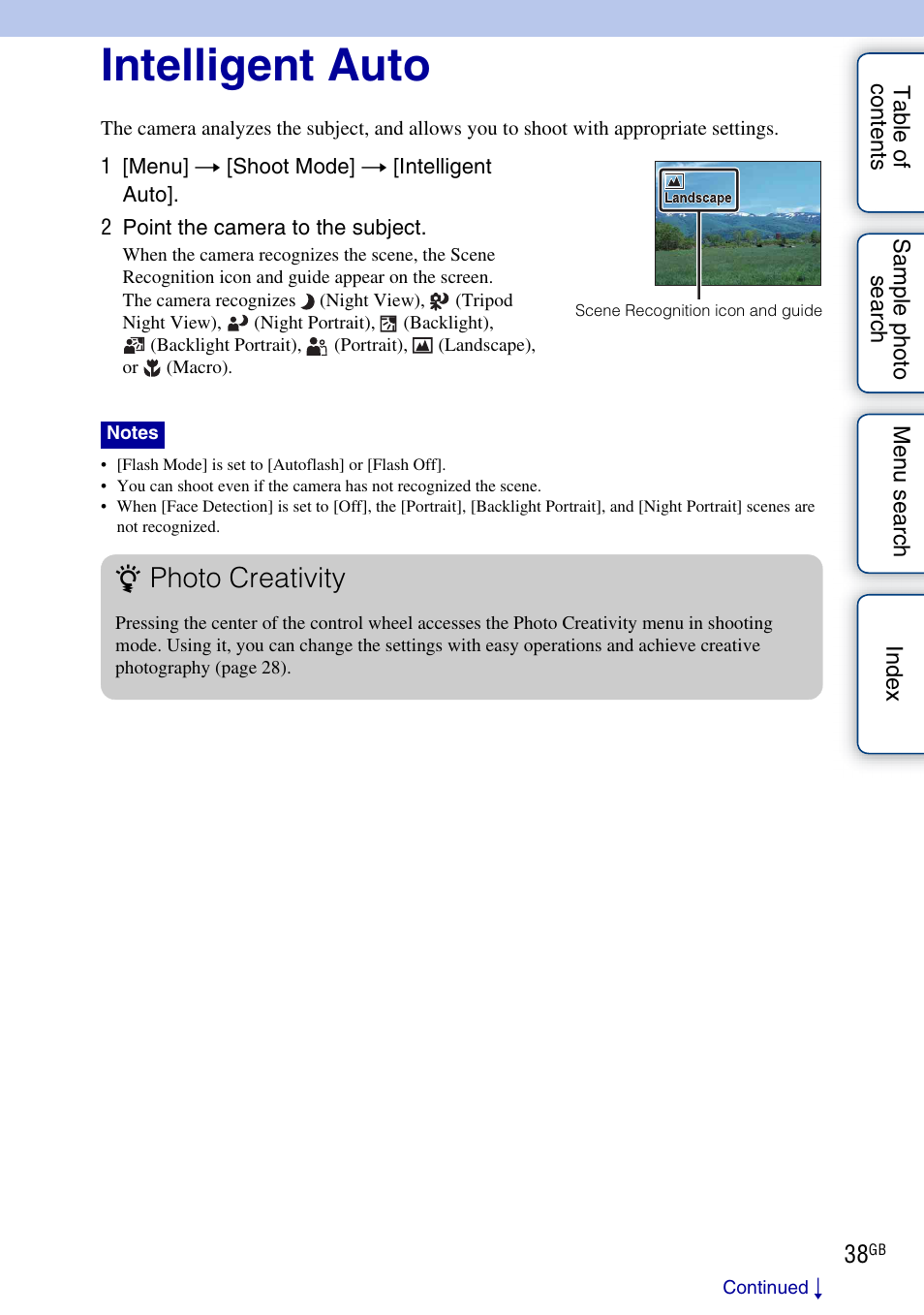 Intelligent auto, Photo creativity | Sony NEX-C3A User Manual | Page 38 / 170