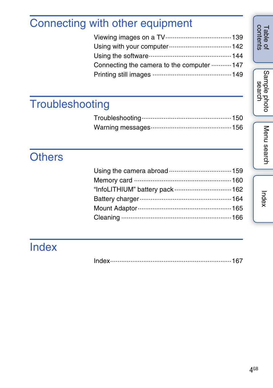 Connecting with other equipment, Troubleshooting, Others | Index | Sony NEX-C3A User Manual | Page 4 / 170